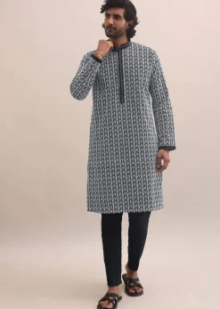 Black And White Lucknowi Cotton Kurta Set For Men