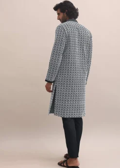 Black And White Lucknowi Cotton Kurta Set For Men