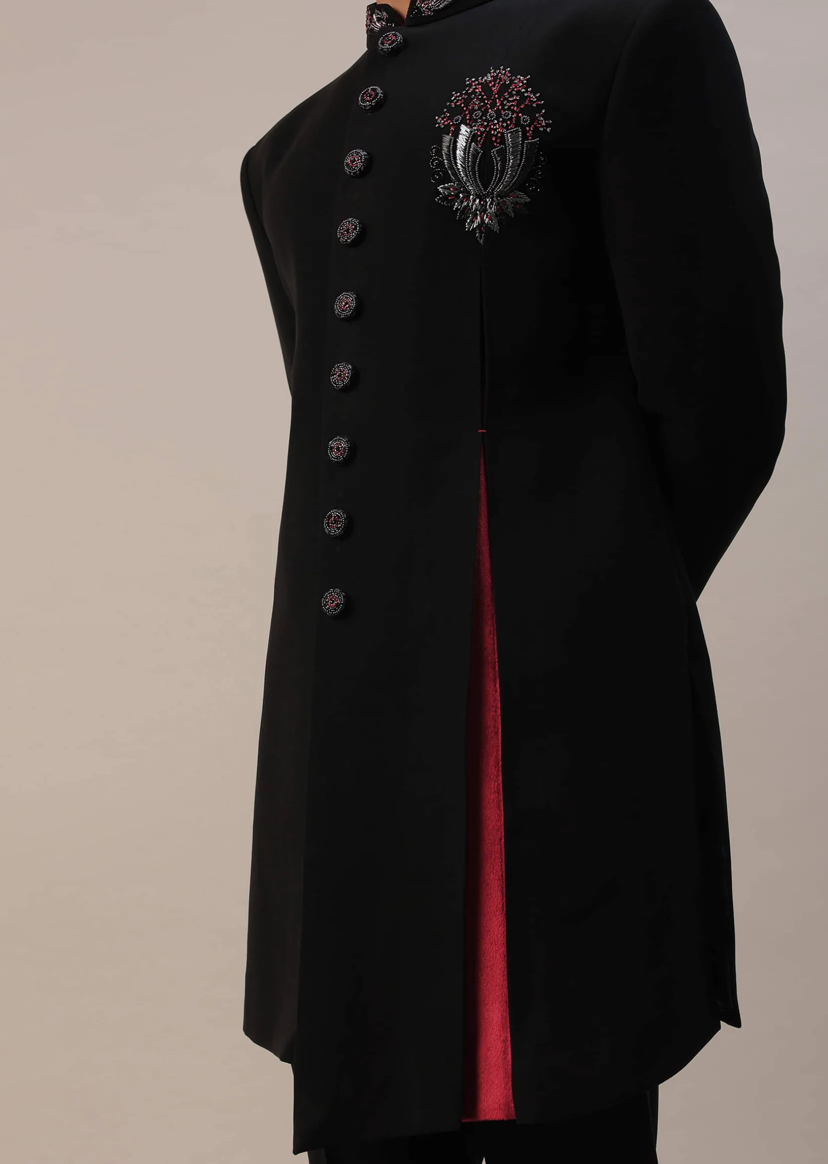 Black Asymmetric Indowestern With French Knots
