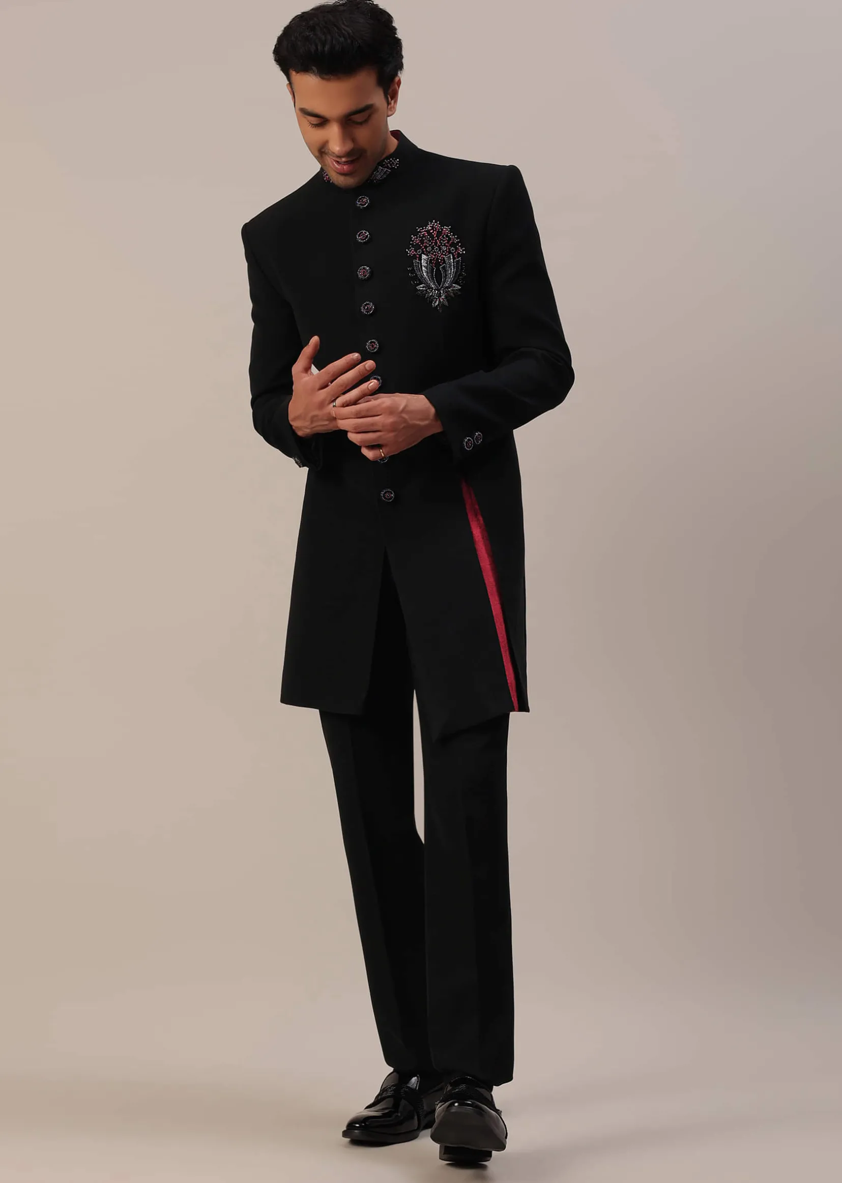 Black Asymmetric Indowestern With French Knots