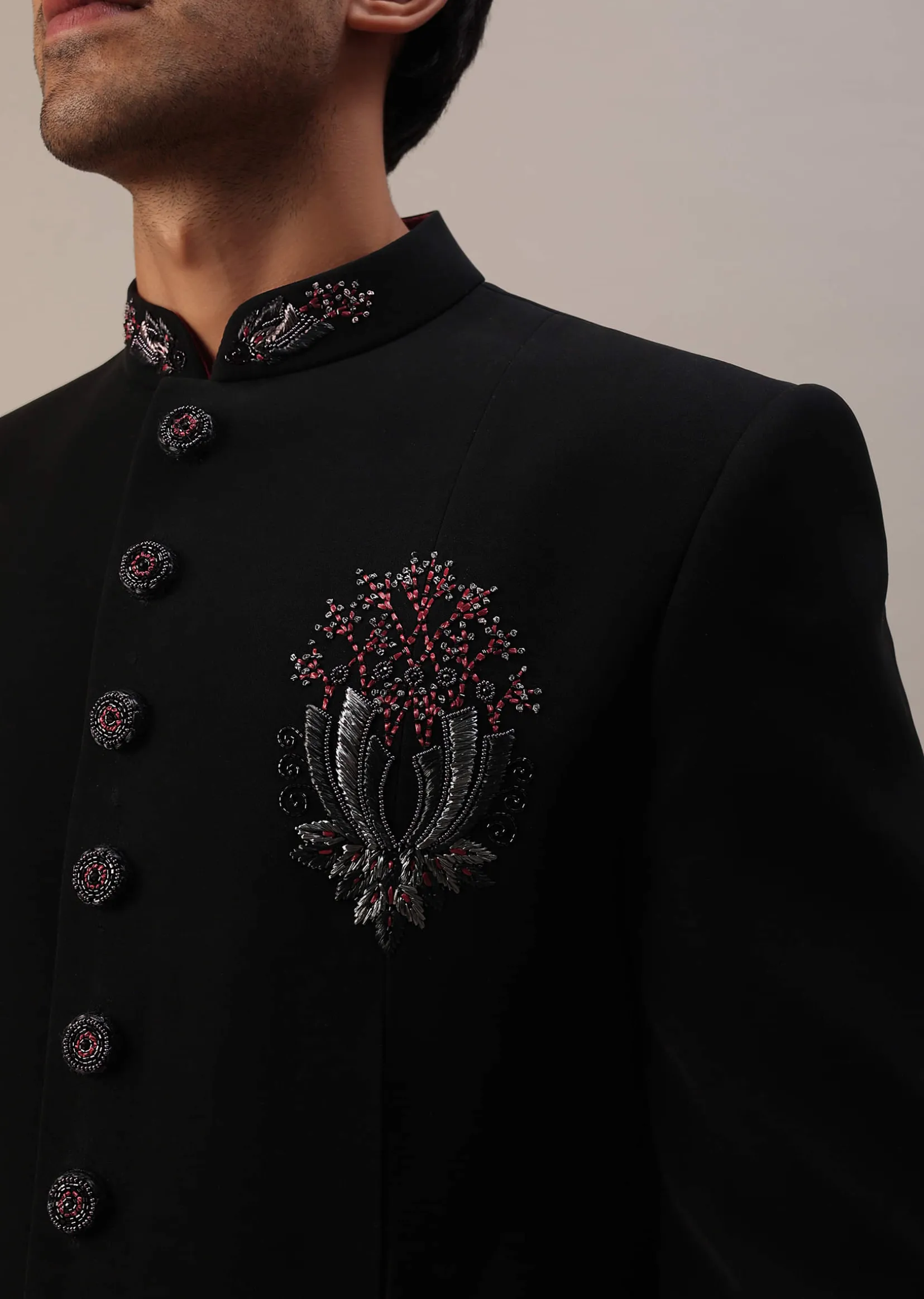 Black Asymmetric Indowestern With French Knots