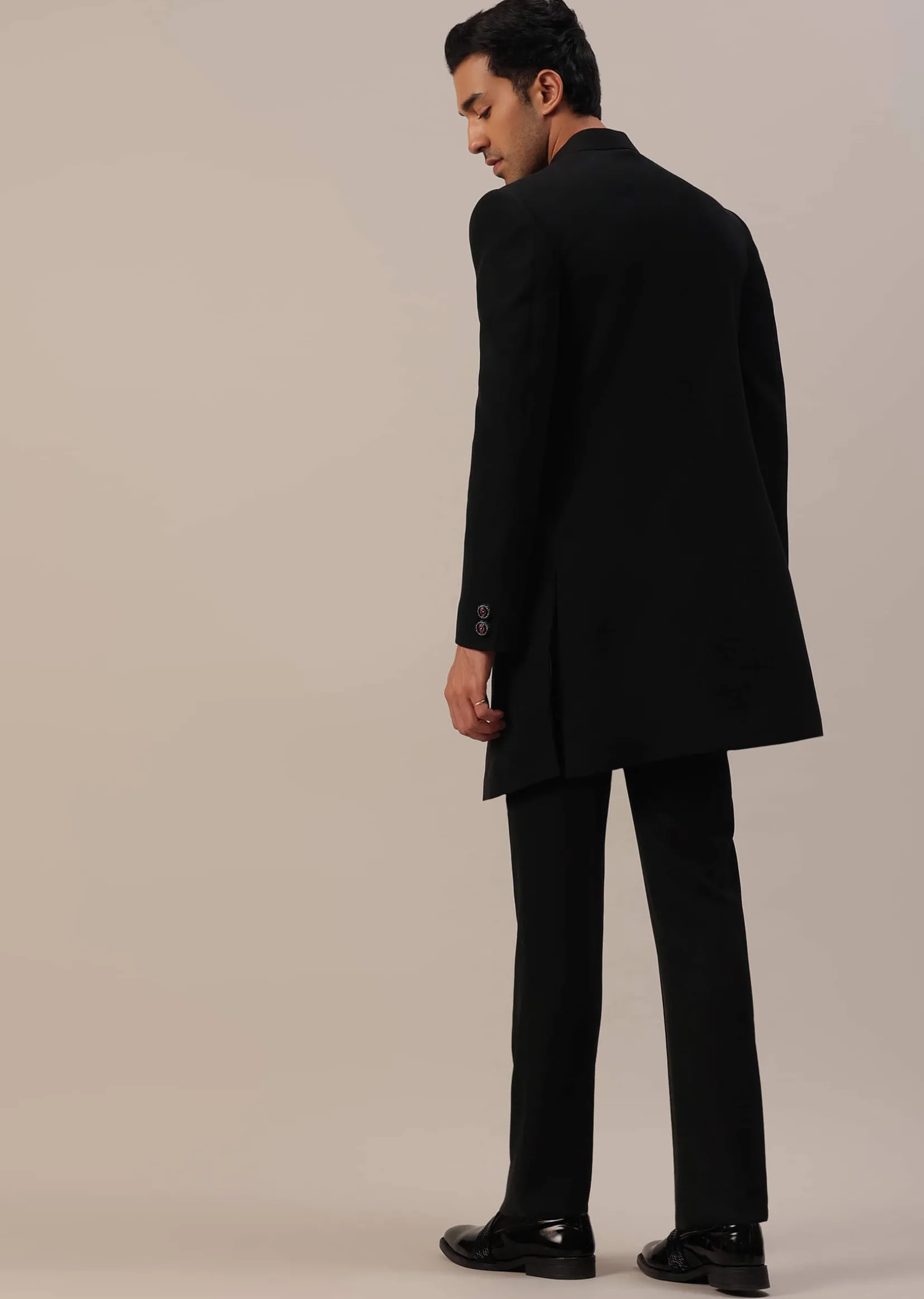 Black Asymmetric Indowestern With French Knots