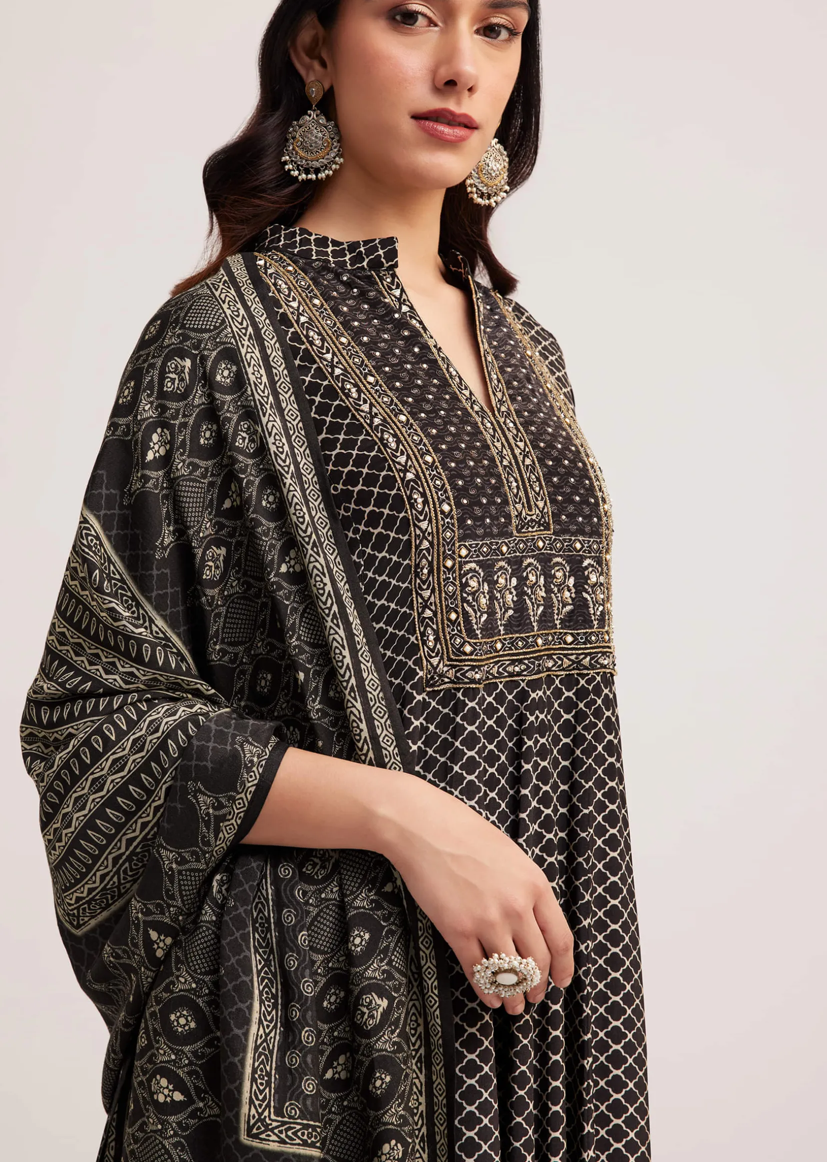 Black Bagru Printed Anarkali Set With Dupatta