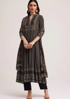 Black Bagru Printed Anarkali Set With Dupatta