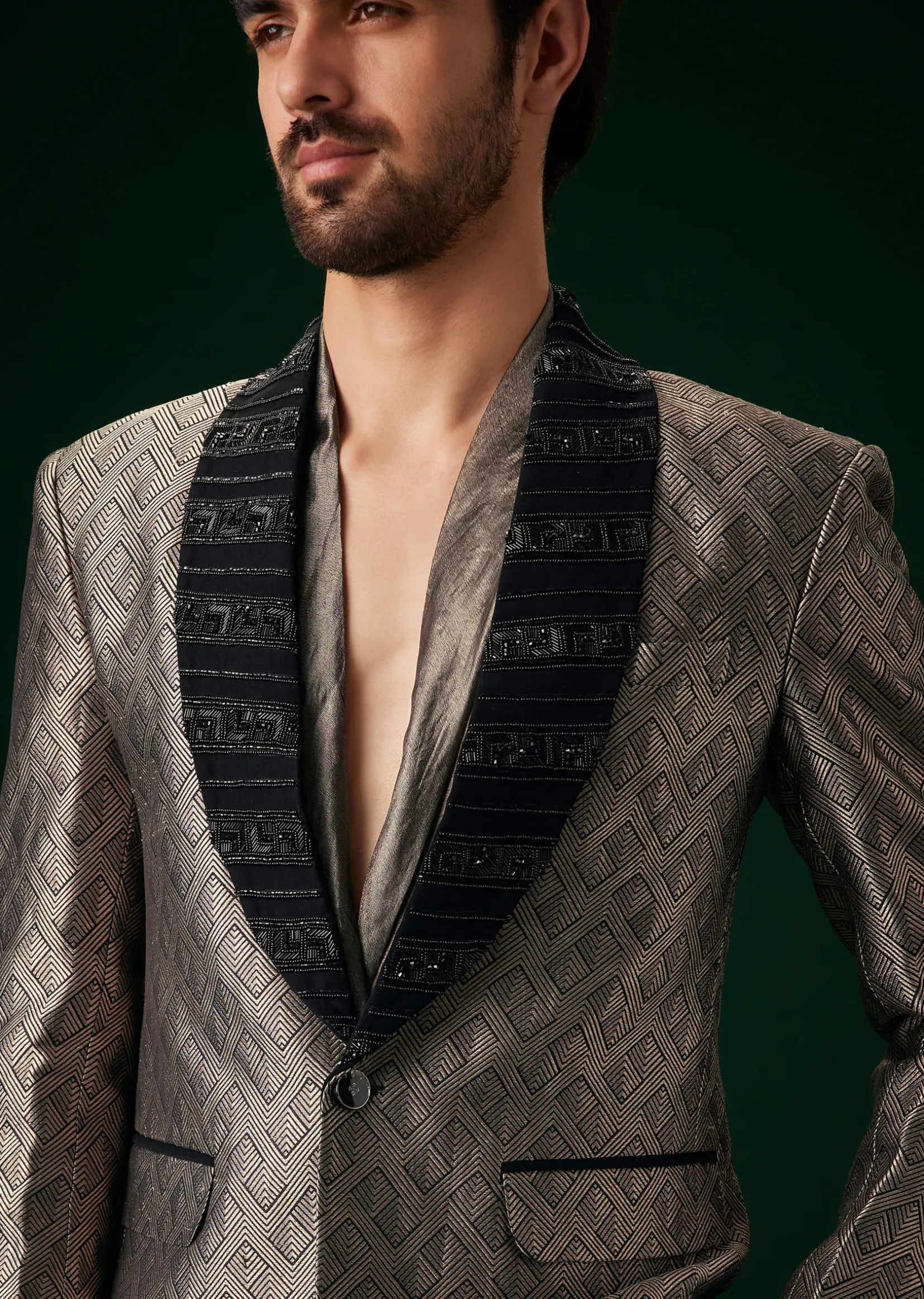 Black Banarasi Silk Tuxedo With Cut Dana And Crystal Embroidery