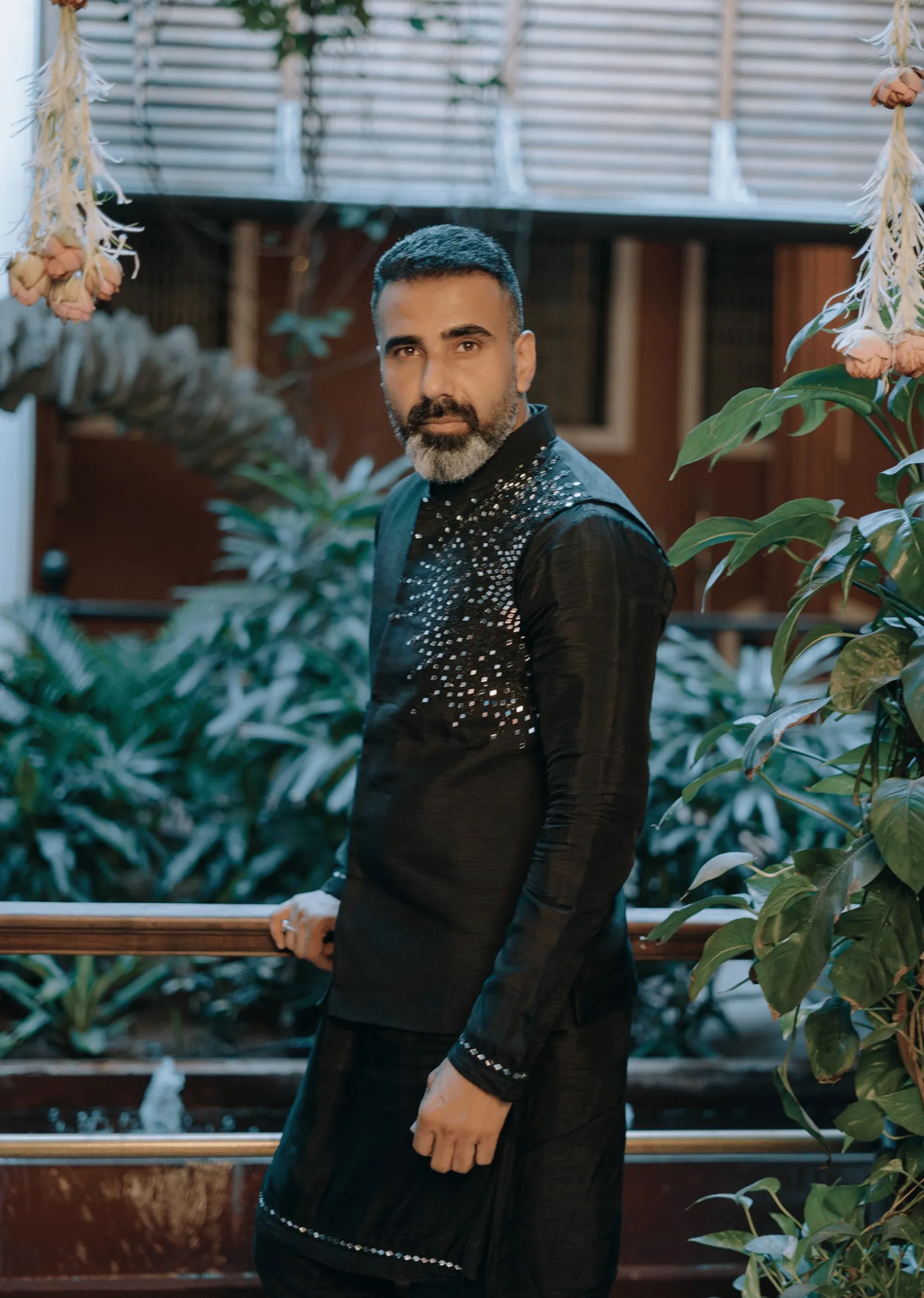 Black Bandi Jacket Set In Mysore Silk With Mirror Embroidery