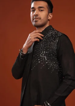 Black Bandi Jacket Set In Mysore Silk With Mirror Embroidery