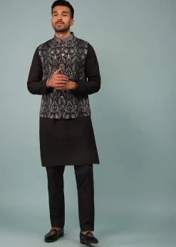 Black Bandi Jacket Set In Silk With Resham And Zari Aari Embroidery