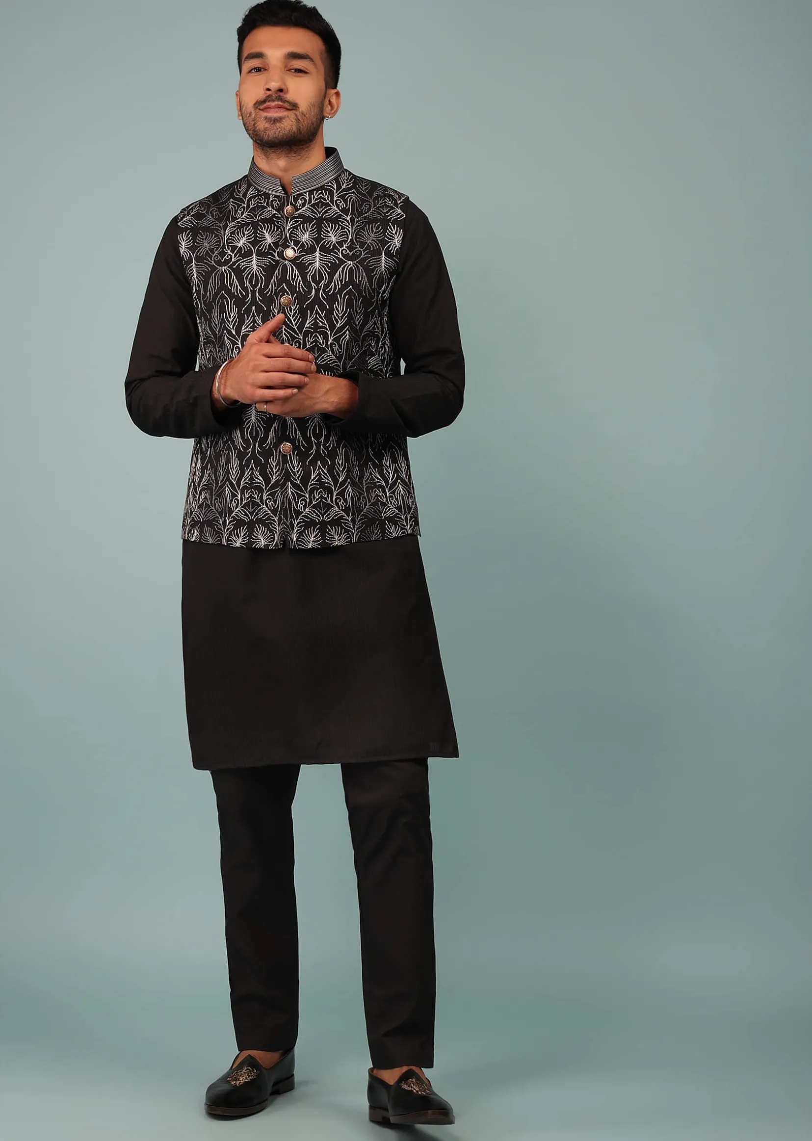 Black Bandi Jacket Set In Silk With Resham And Zari Aari Embroidery