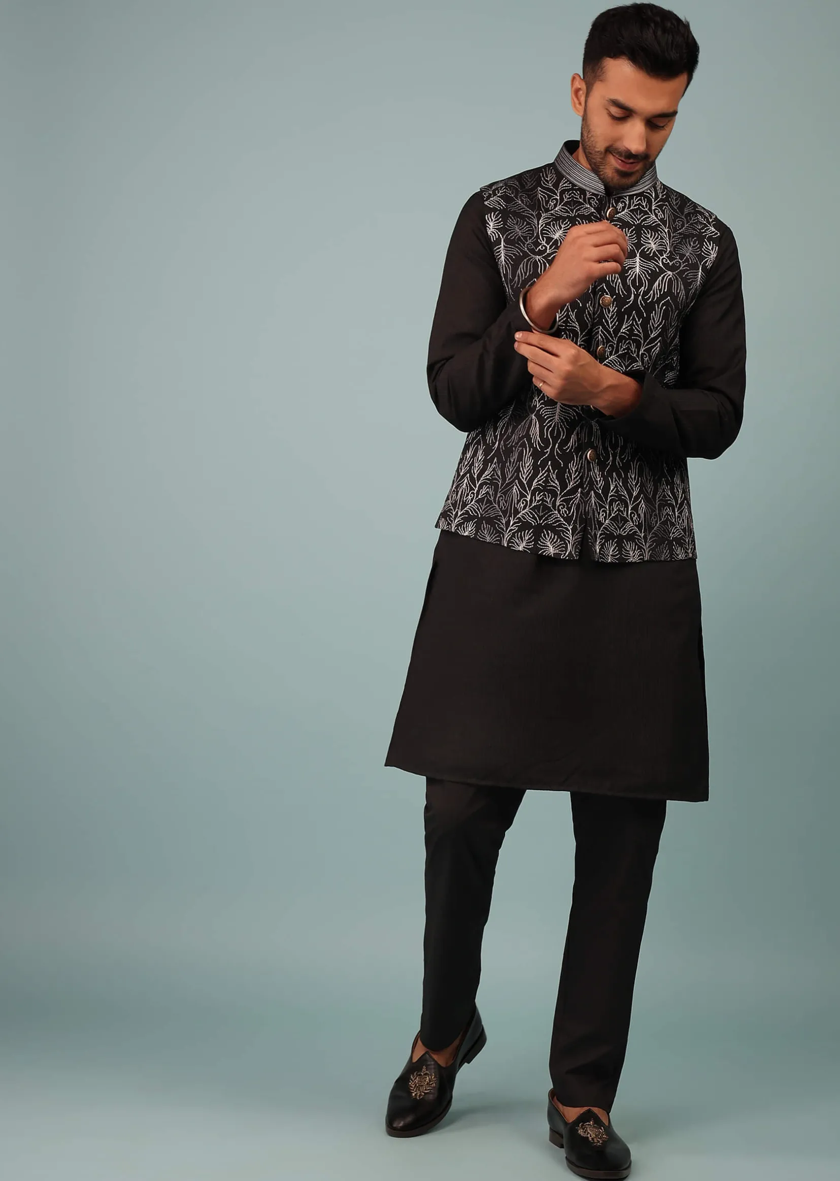 Black Bandi Jacket Set In Silk With Resham And Zari Aari Embroidery