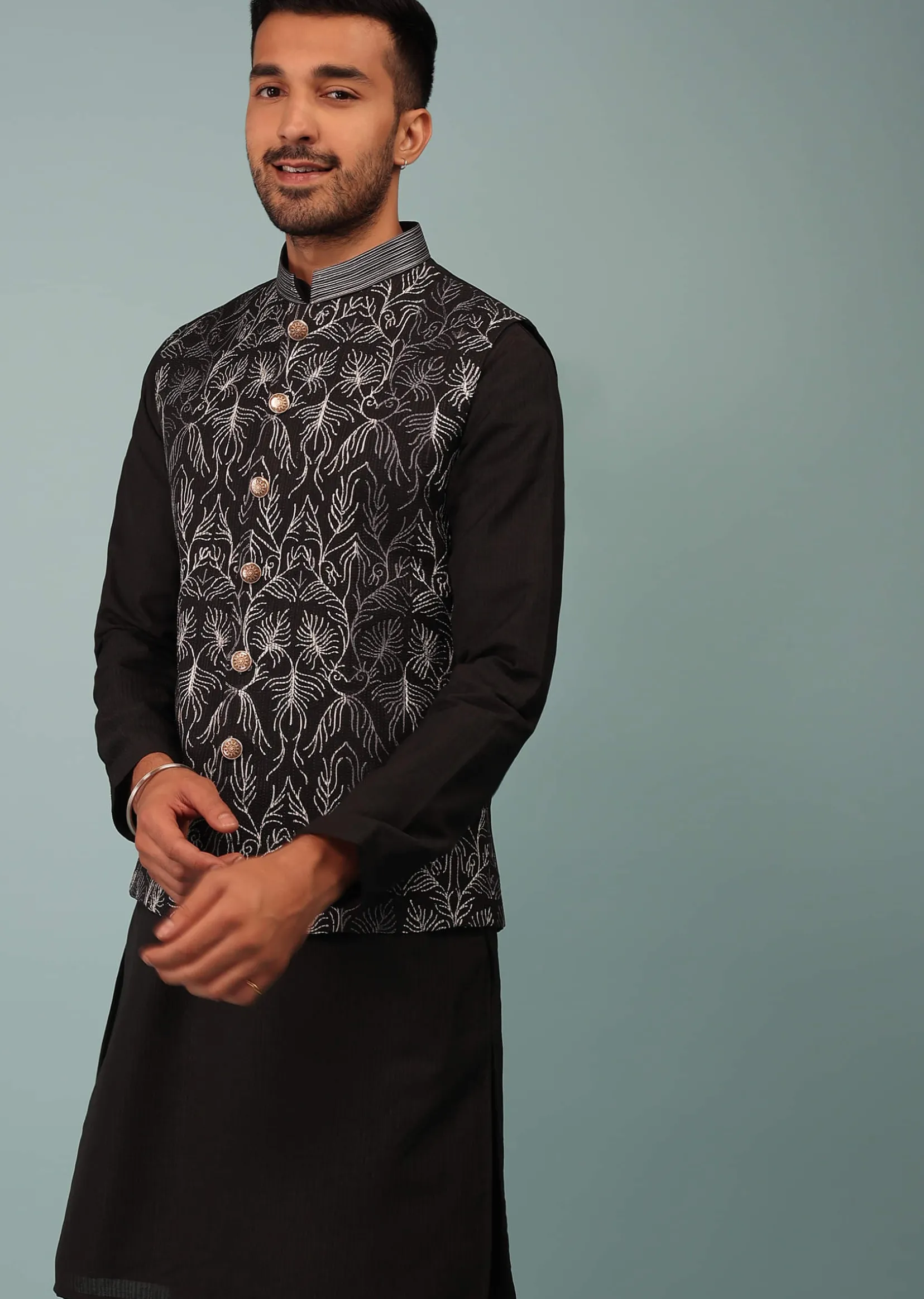 Black Bandi Jacket Set In Silk With Resham And Zari Aari Embroidery