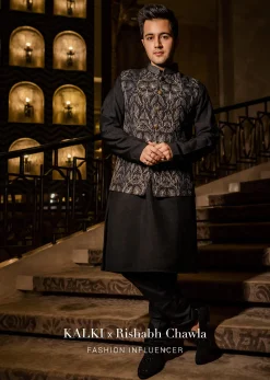 Black Bandi Jacket Set In Silk With Resham And Zari Aari Embroidery