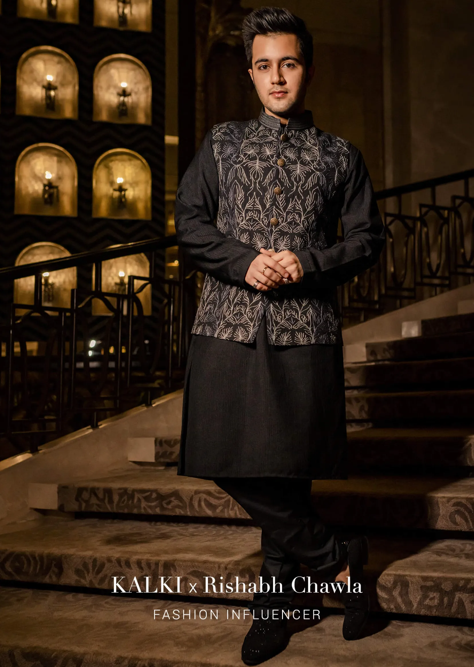 Black Bandi Jacket Set In Silk With Resham And Zari Aari Embroidery