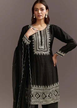 Black Beads And Sequins Work Kurta Set With Organza Dupatta