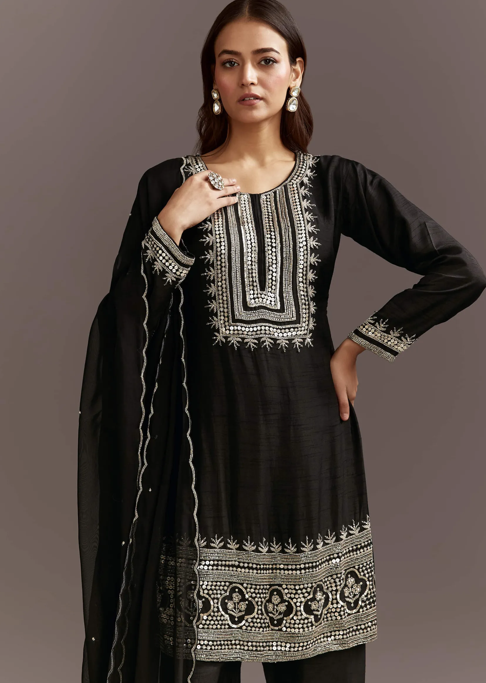 Black Beads And Sequins Work Kurta Set With Organza Dupatta