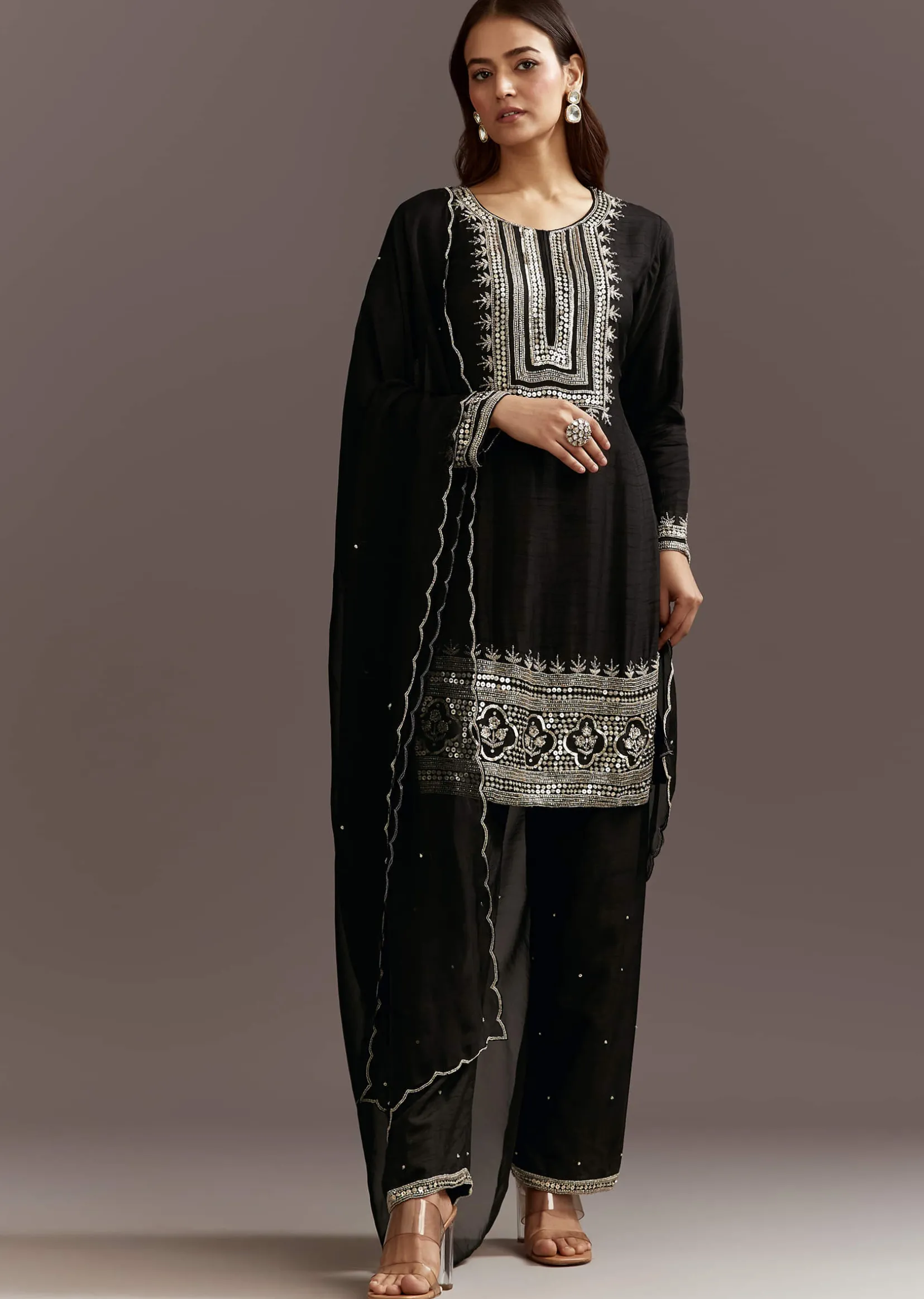 Black Beads And Sequins Work Kurta Set With Organza Dupatta