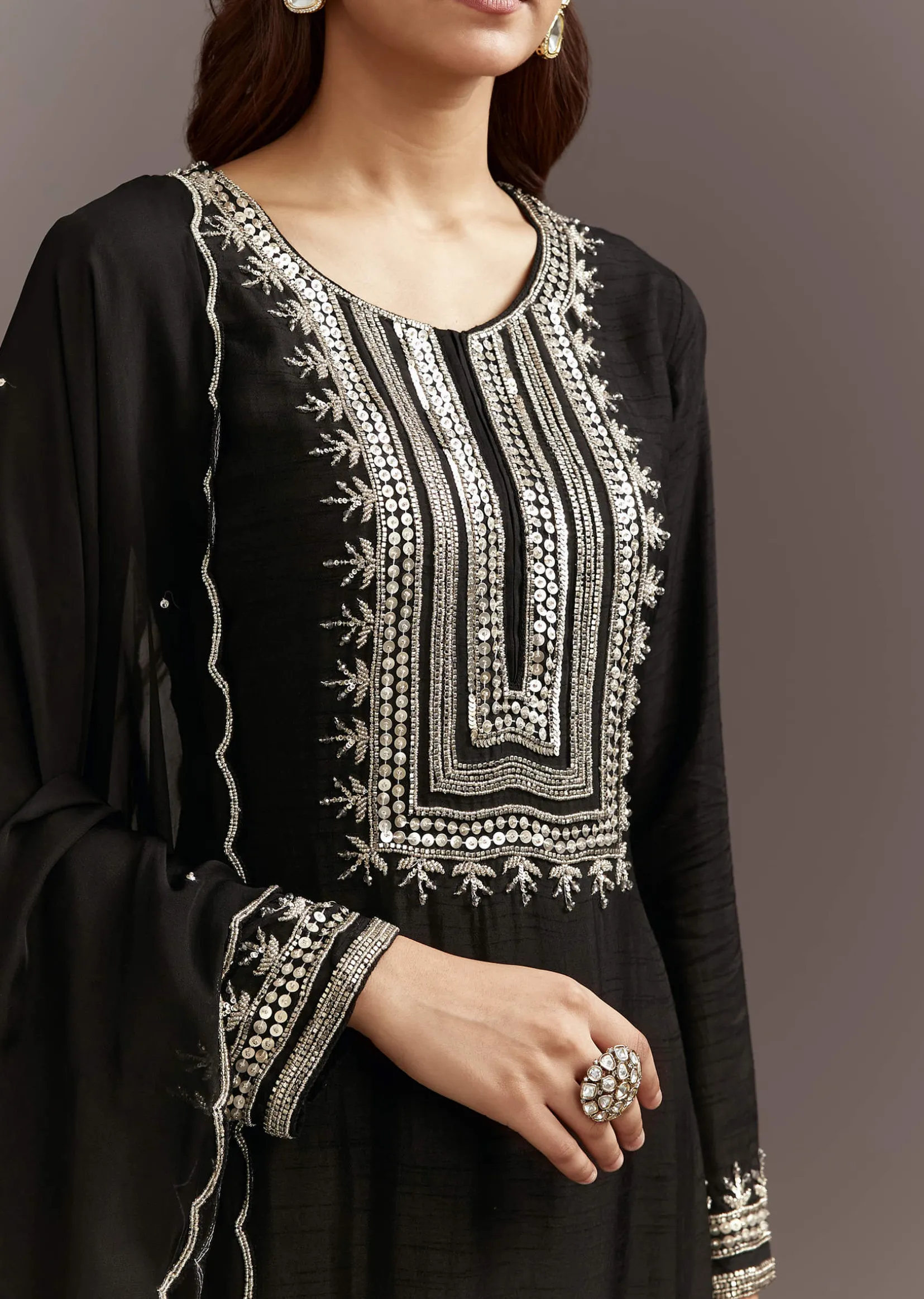 Black Beads And Sequins Work Kurta Set With Organza Dupatta