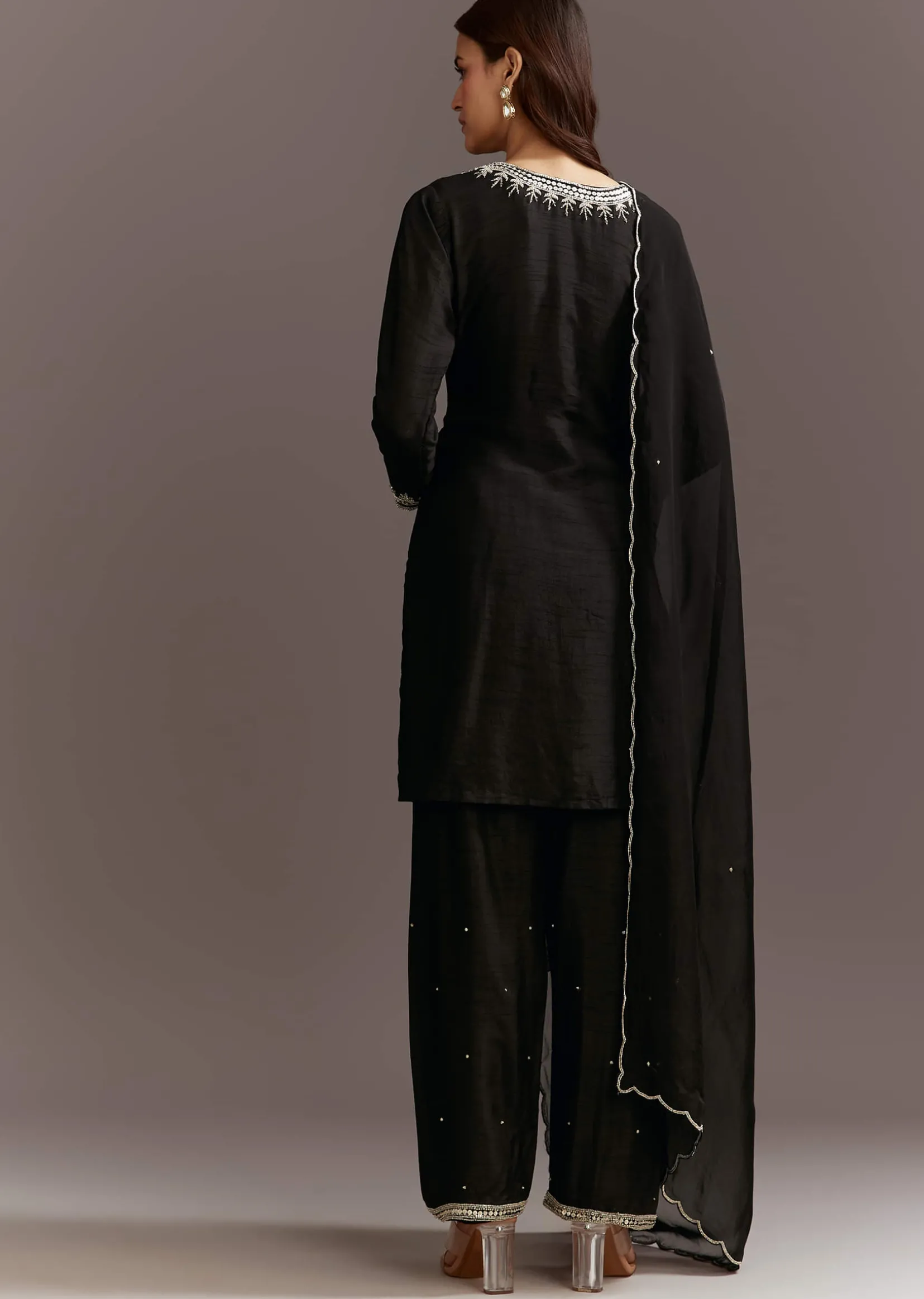 Black Beads And Sequins Work Kurta Set With Organza Dupatta