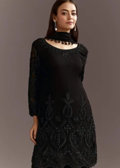 Black Beads Work Georgette Kurta With Fully Beaded Pant