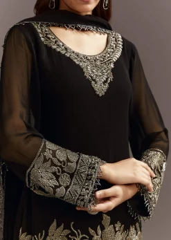 Black Beads Work Kurta Dupatta Set With Fully Beaded Pant