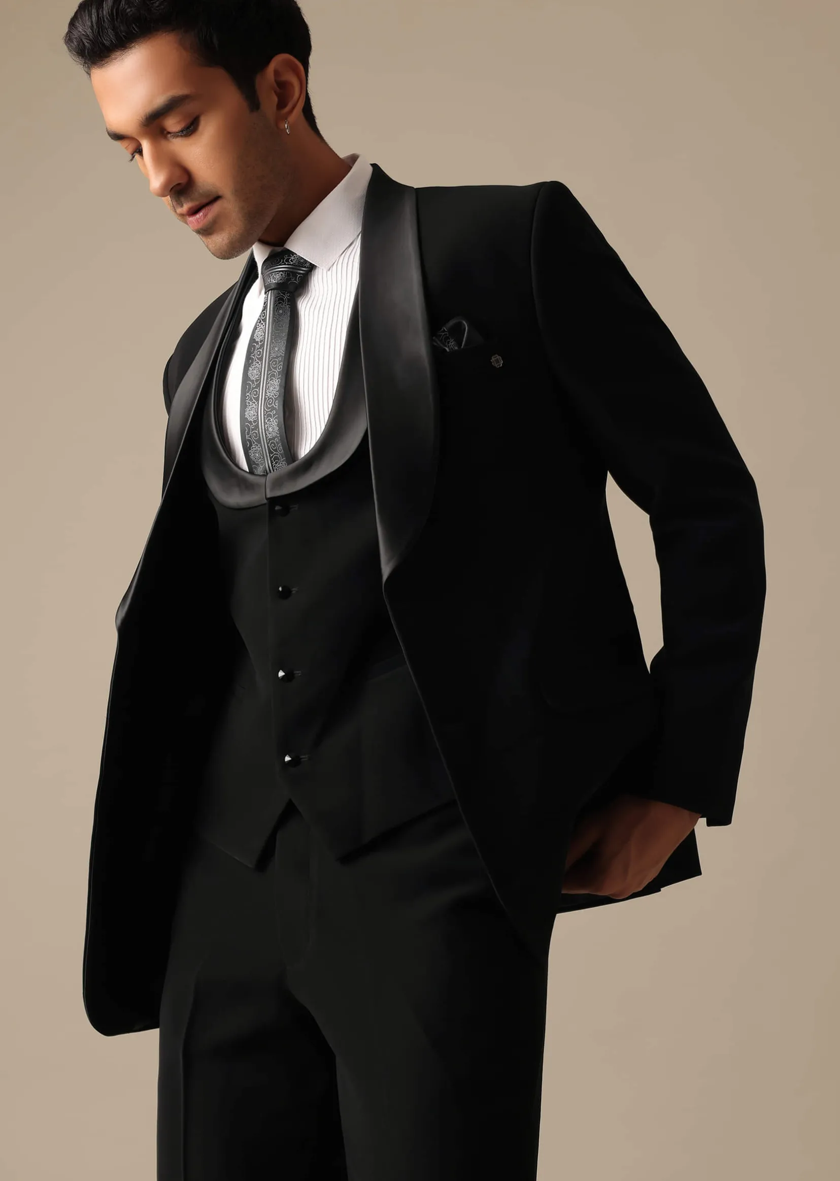 Black Blazer And Pant Set Tuxedo With Cutwork Detail