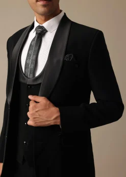 Black Blazer And Pant Set Tuxedo With Cutwork Detail