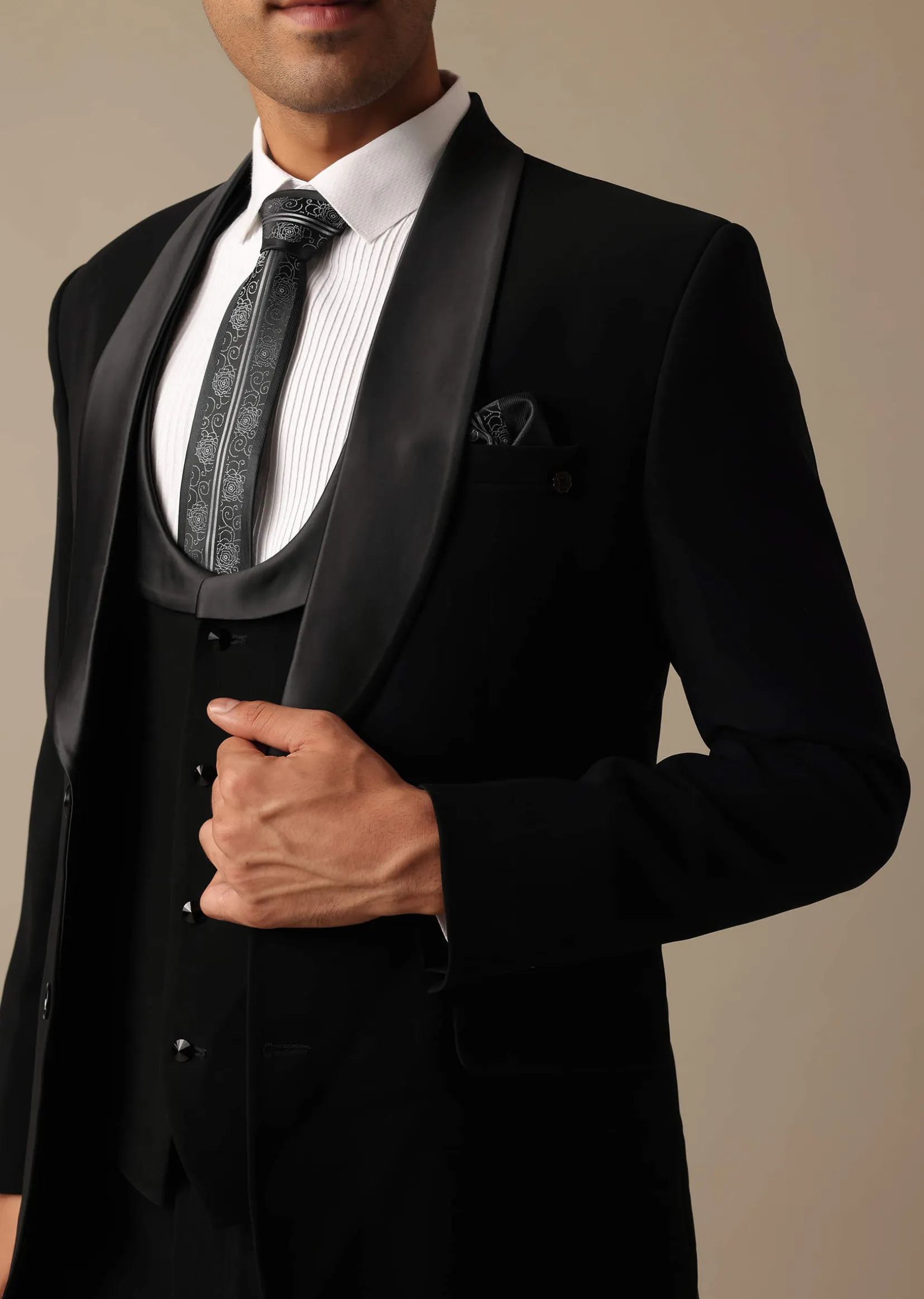 Black Blazer And Pant Set Tuxedo With Cutwork Detail