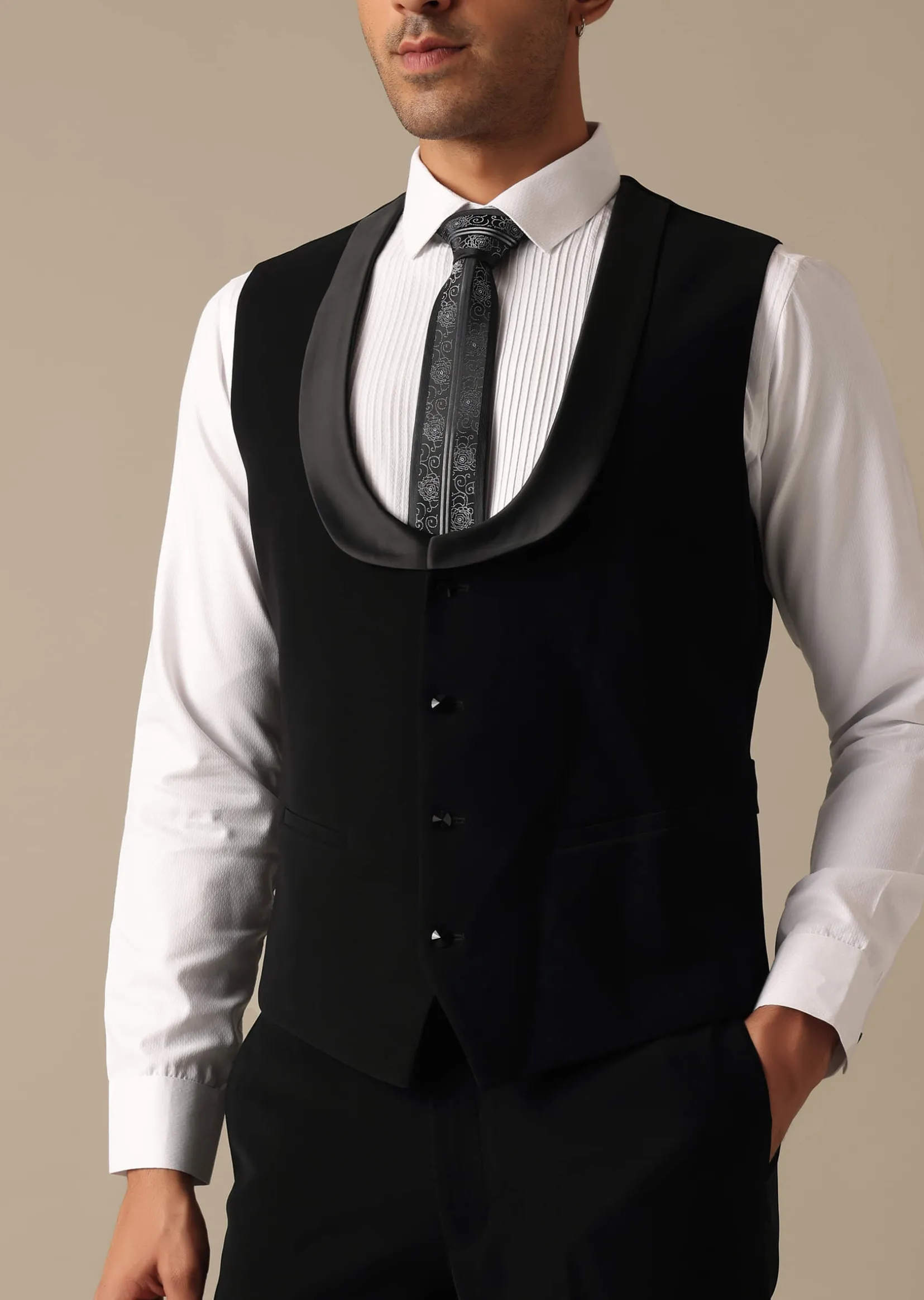 Black Blazer And Pant Set Tuxedo With Cutwork Detail