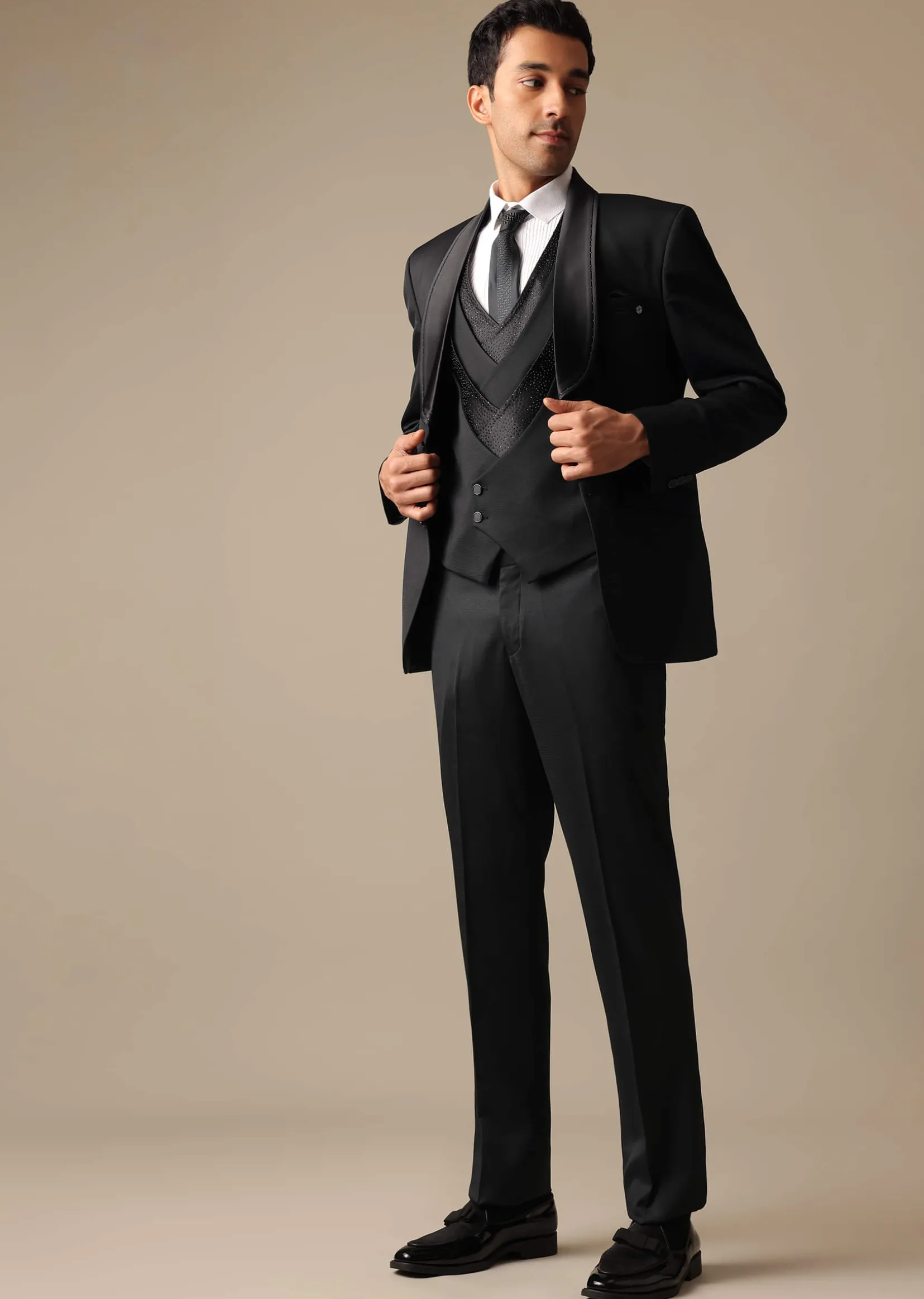 Black Blazer And Pant Set Tuxedo In Terry Rayon