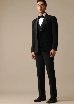 Black Blazer And Pant Set With Embroidered Detail Tuxedo Set