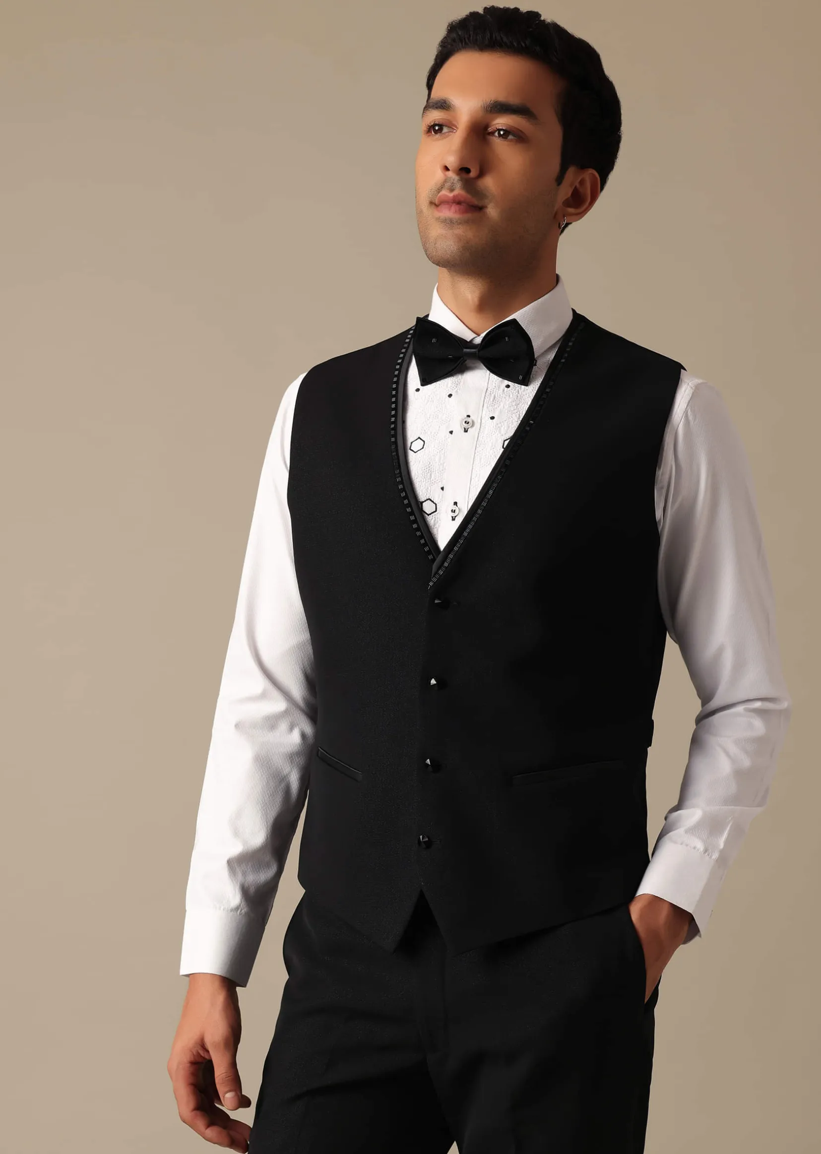 Black Blazer And Pant Set With Embroidered Detail Tuxedo Set