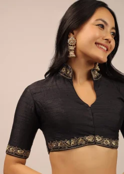 Black Blouse In Raw Silk With Resham And Cut Dana Embroidered Floral Motifs And Mandarin Collar Neckline