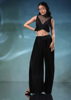 Black Butterfly Mesh Blouse And Palazzo Set In Satin