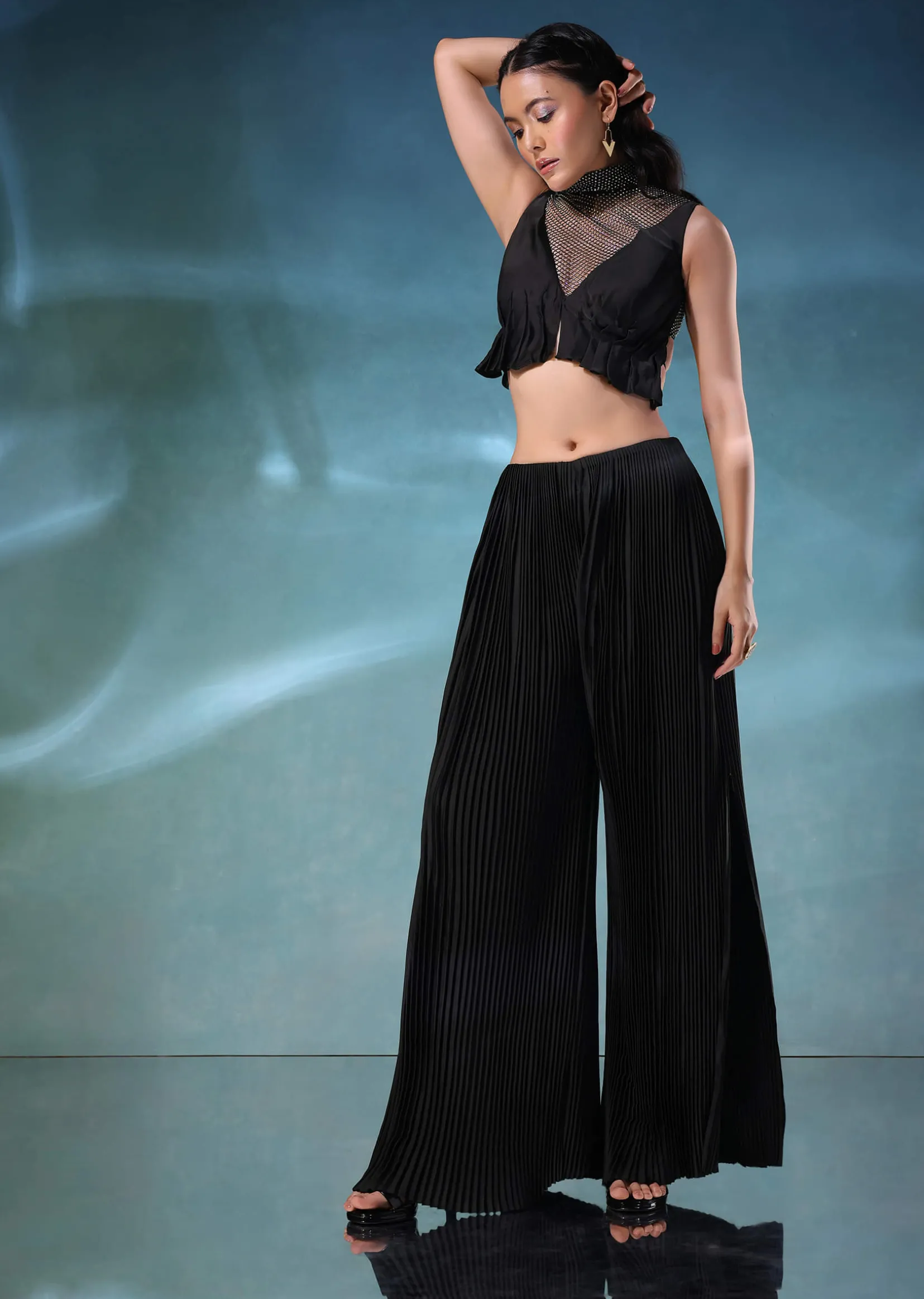 Black Butterfly Mesh Blouse And Palazzo Set In Satin