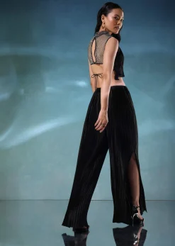Black Butterfly Mesh Blouse And Palazzo Set In Satin