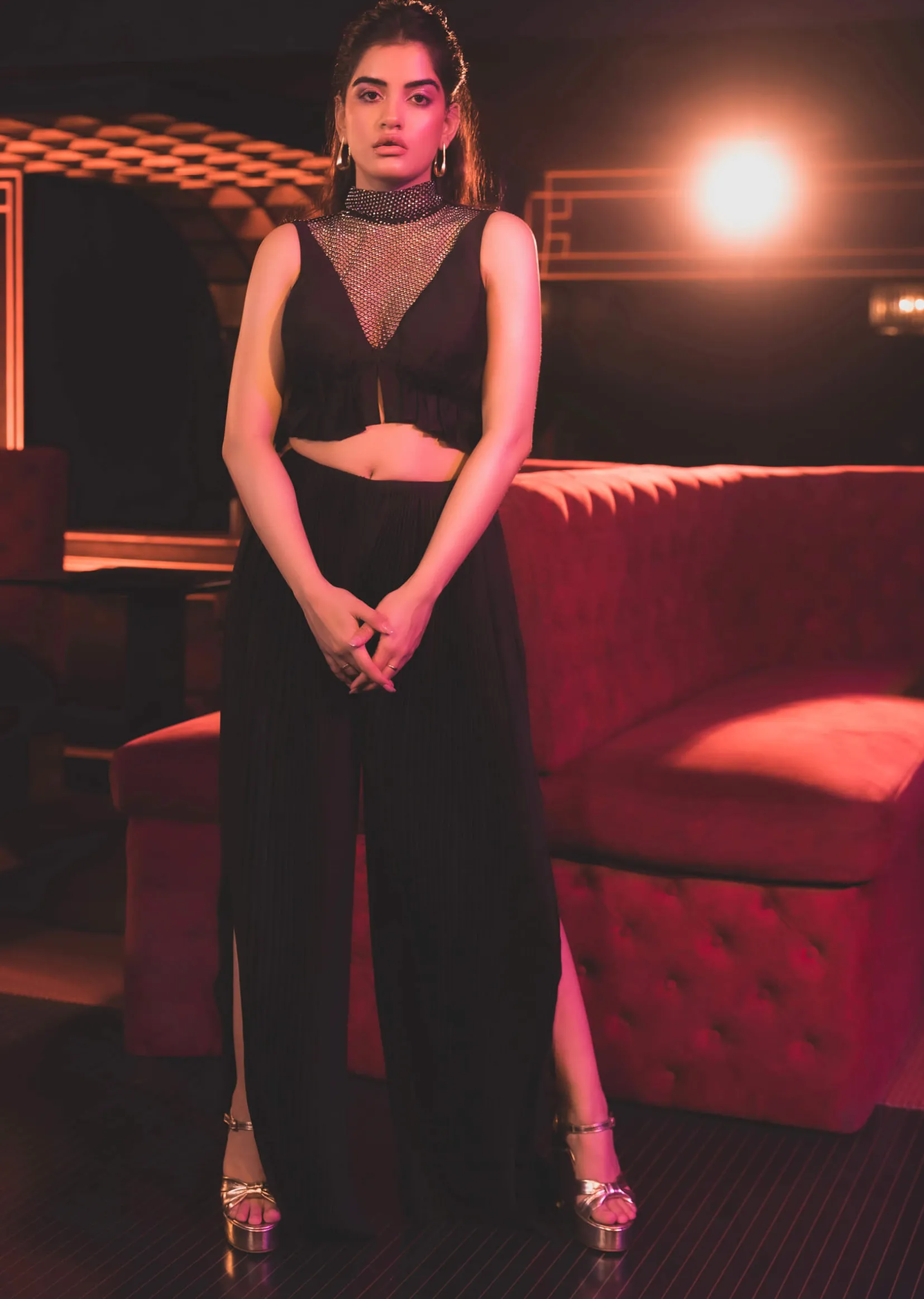 Black Butterfly Mesh Blouse And Palazzo Set In Satin