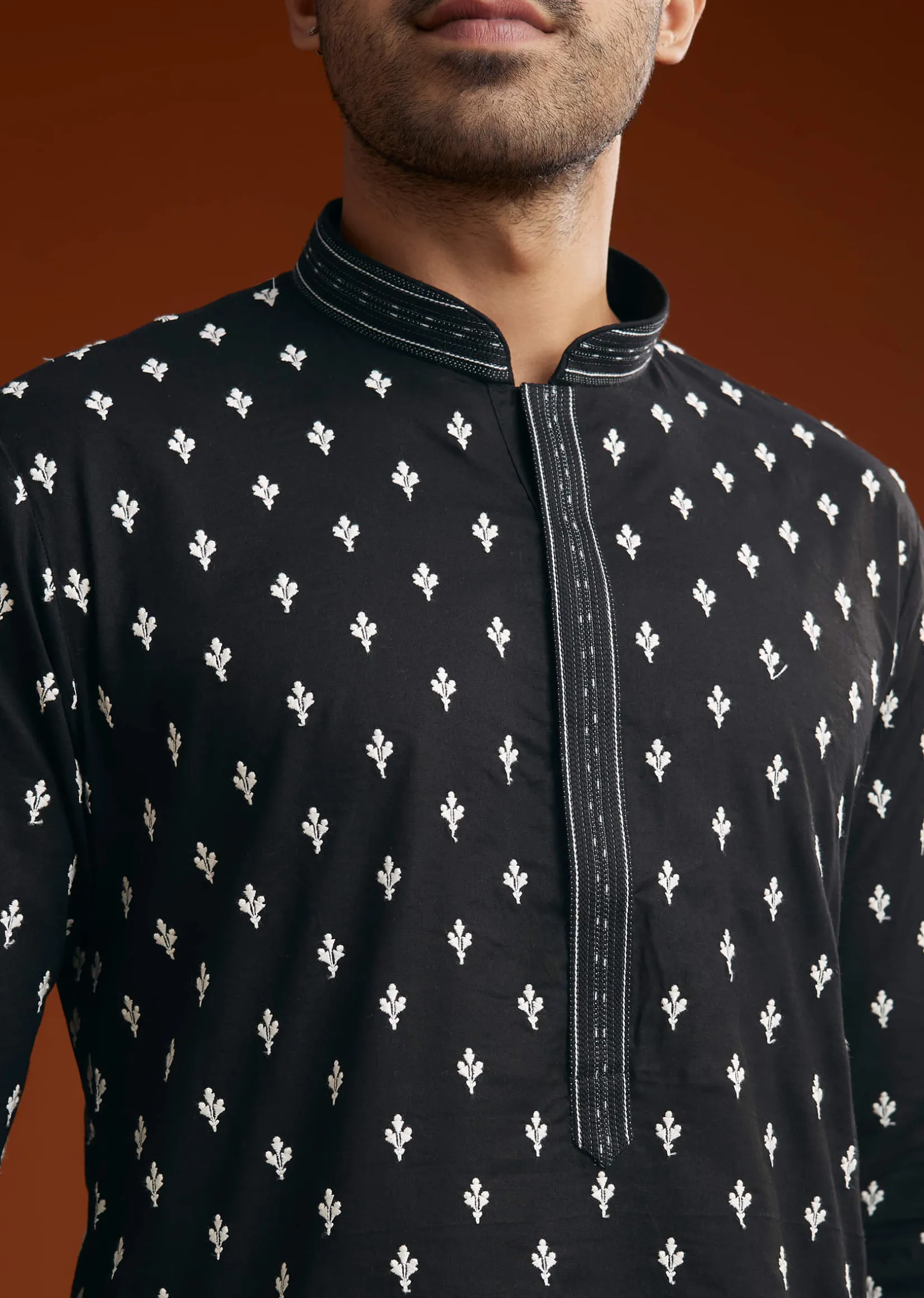 Black Chanderi Kurta Pant Set With Intricate Embroidery