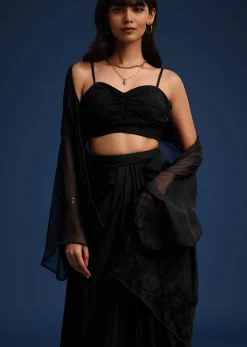 Black Chiffon Asymmetrical Skirt And Jacket Set
