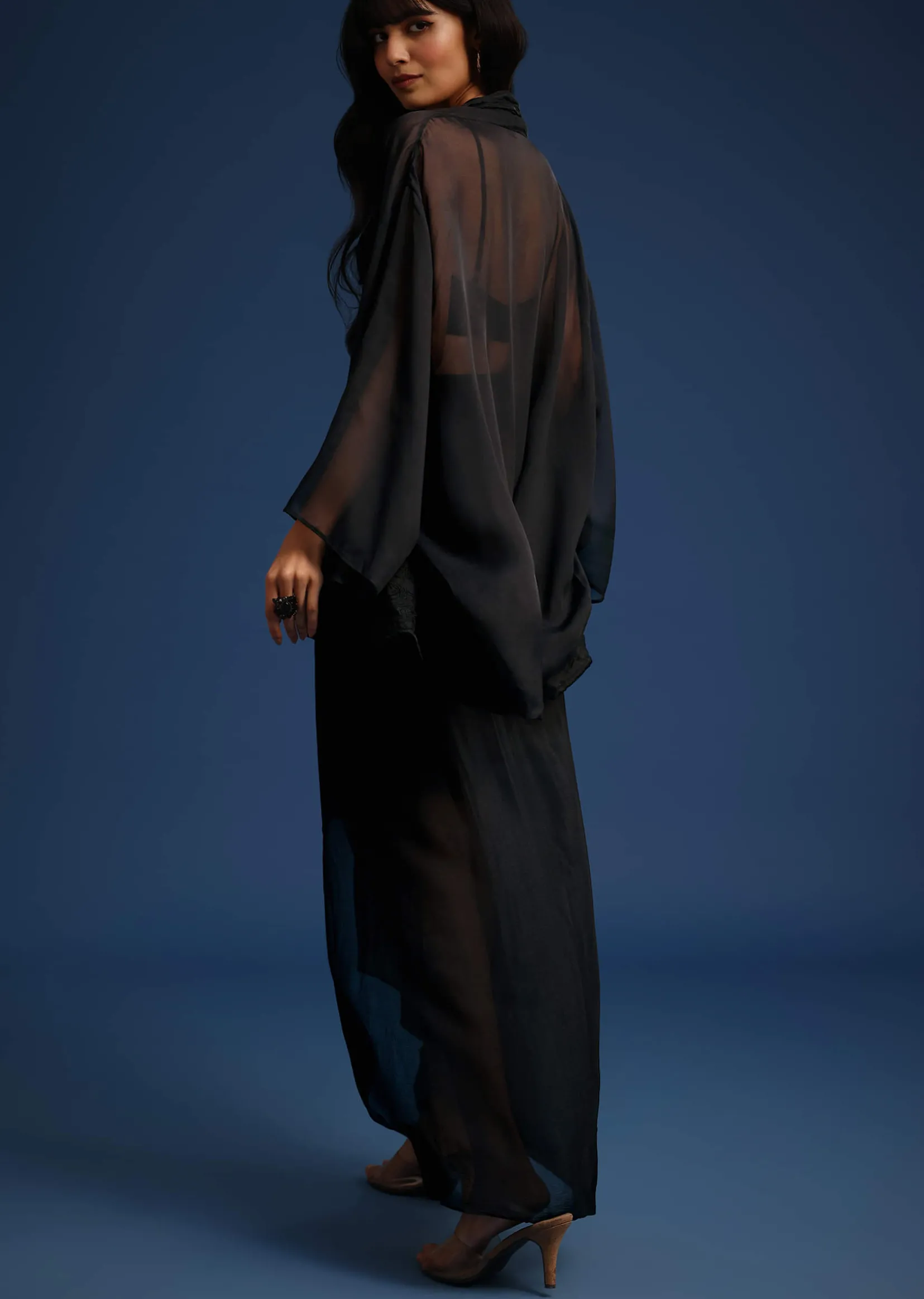 Black Chiffon Asymmetrical Skirt And Jacket Set