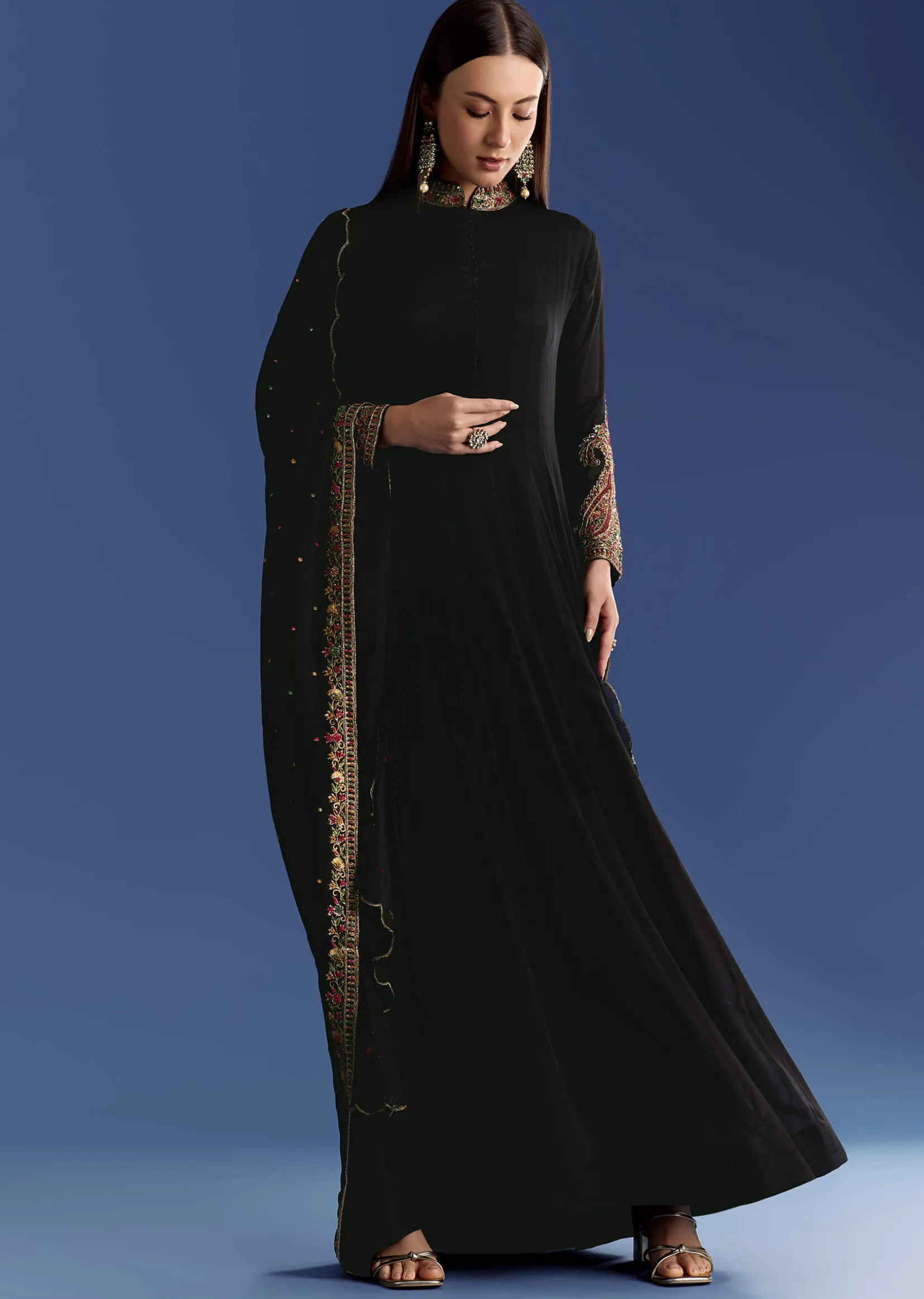 Black Chinon Anarkali With Embroidered Collar And Zari Dupatta