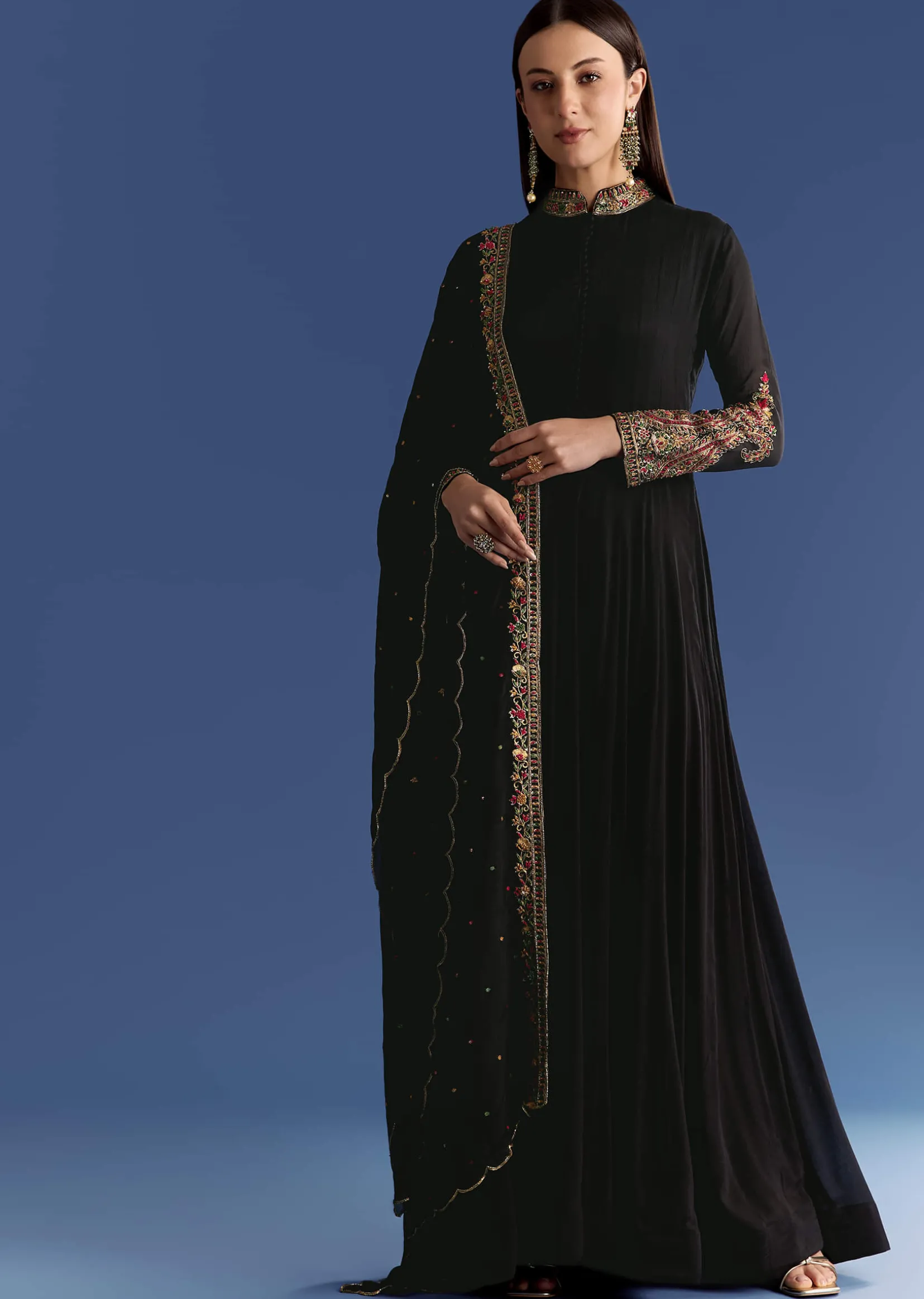 Black Chinon Anarkali With Embroidered Collar And Zari Dupatta