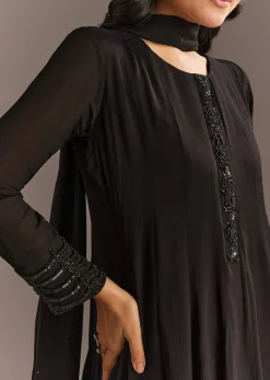 Black Chinon Beaded Sequin Anarkali Pant With Dupatta