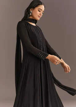 Black Chinon Beaded Sequin Anarkali Pant With Dupatta