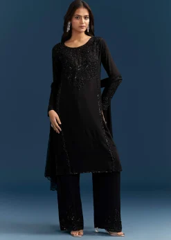 Black Chinon Kurta Set With Sequins And Cut Dana Work