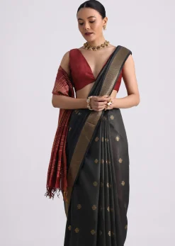 Black Colorblock Spun Silk Saree With Woven Butti Work