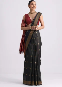 Black Colorblock Spun Silk Saree With Woven Butti Work