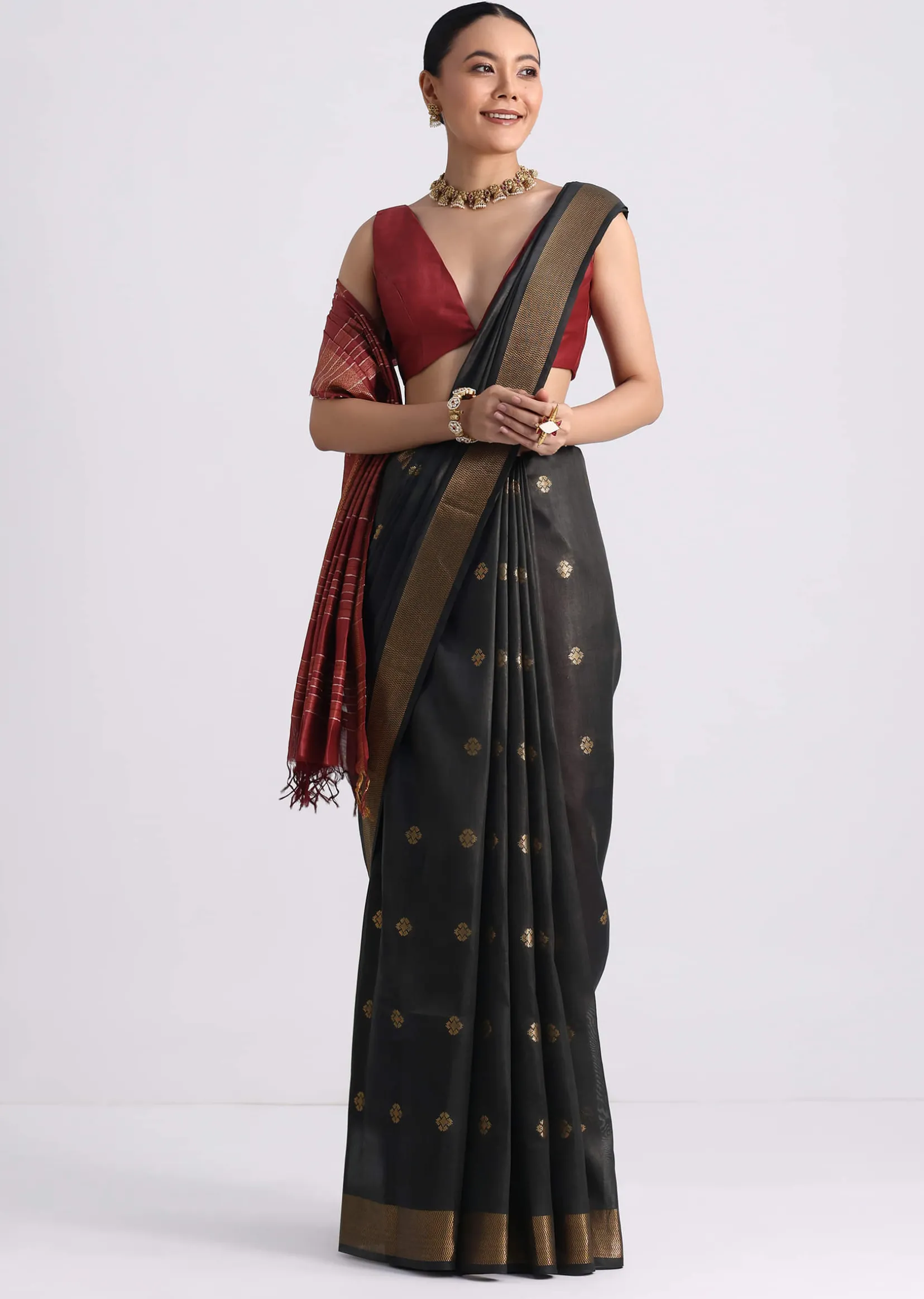 Black Colorblock Spun Silk Saree With Woven Butti Work