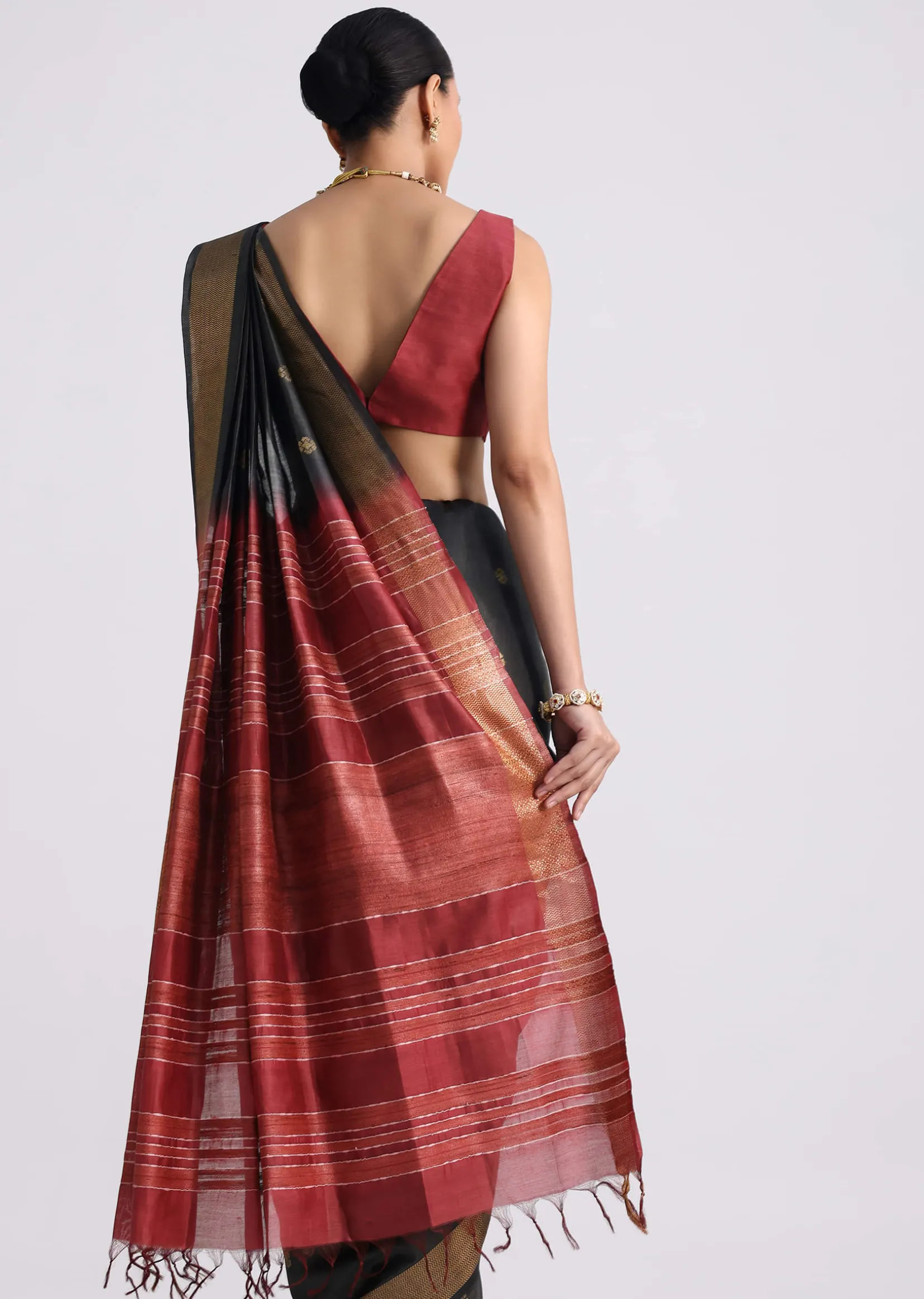 Black Colorblock Spun Silk Saree With Woven Butti Work