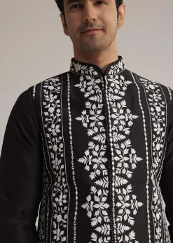 Black Cotton Silk Embroidered Jacket Kurta Set
