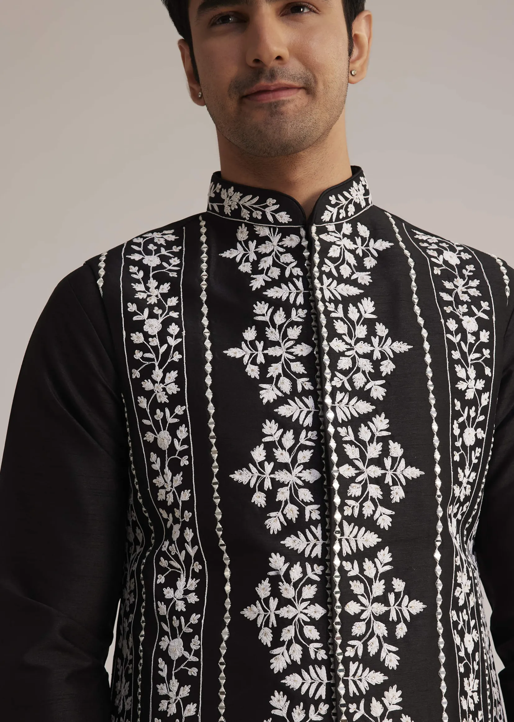 Black Cotton Silk Embroidered Jacket Kurta Set